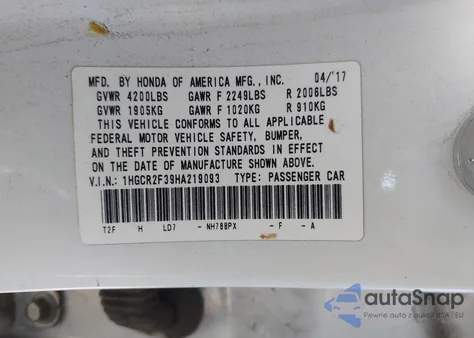 2017 Honda Accord Lx from USA, damaged, VIN 1HGCR2F39HA219093